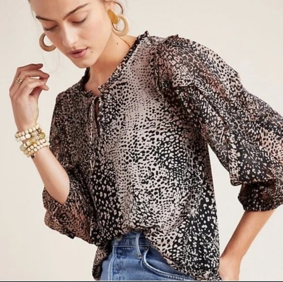 Maeve Anthropologie Jacquin Animal Print Peasant Boho Blouse Sz S - Picture 1 of 13